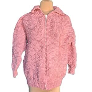 Vintage Handknit Pink Chunky Knit Zip Cardigan Sweater Textured Oversized